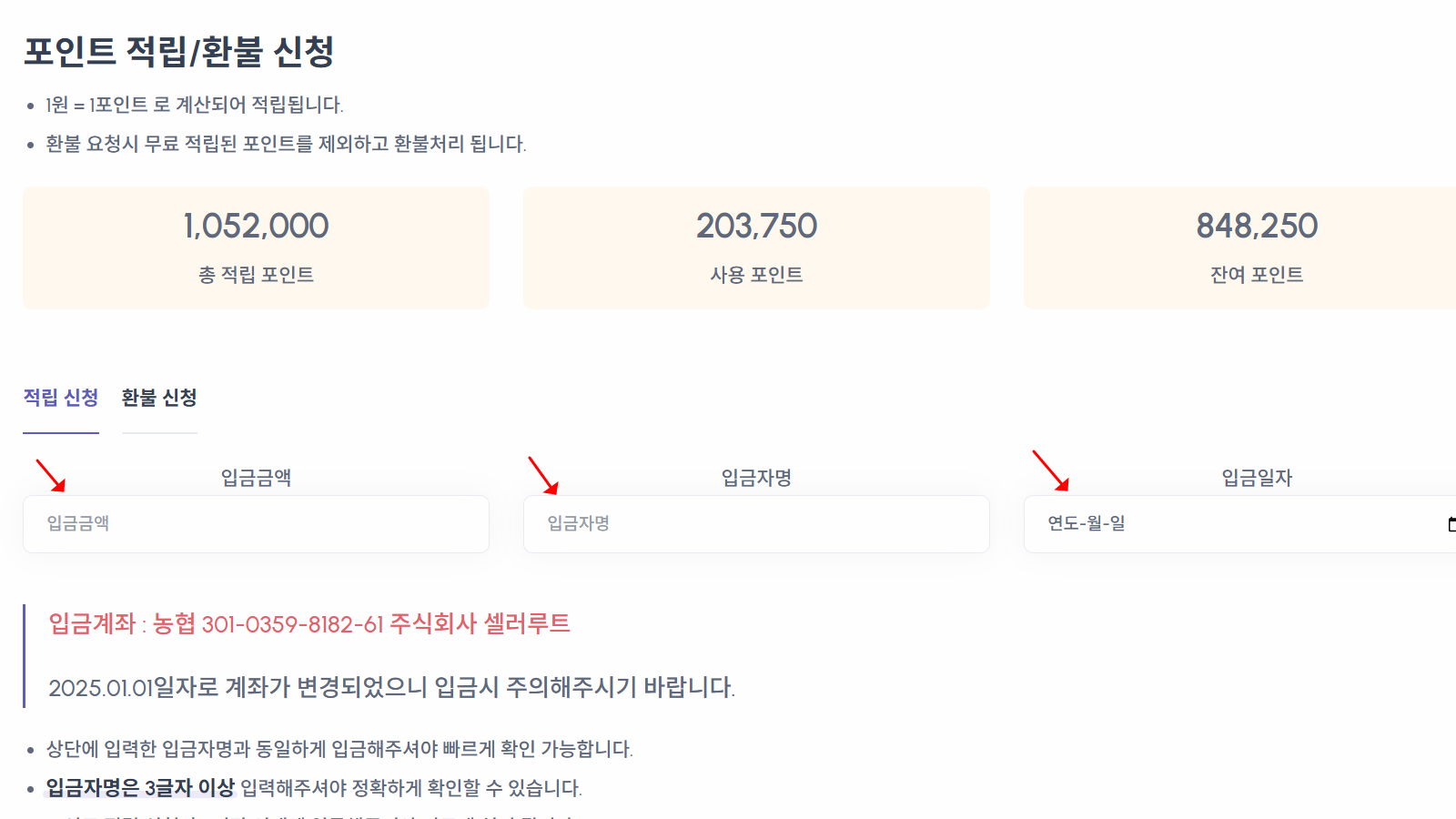 입금자명 및 입금 금액 등 포인트 적립 정보 입력 화면